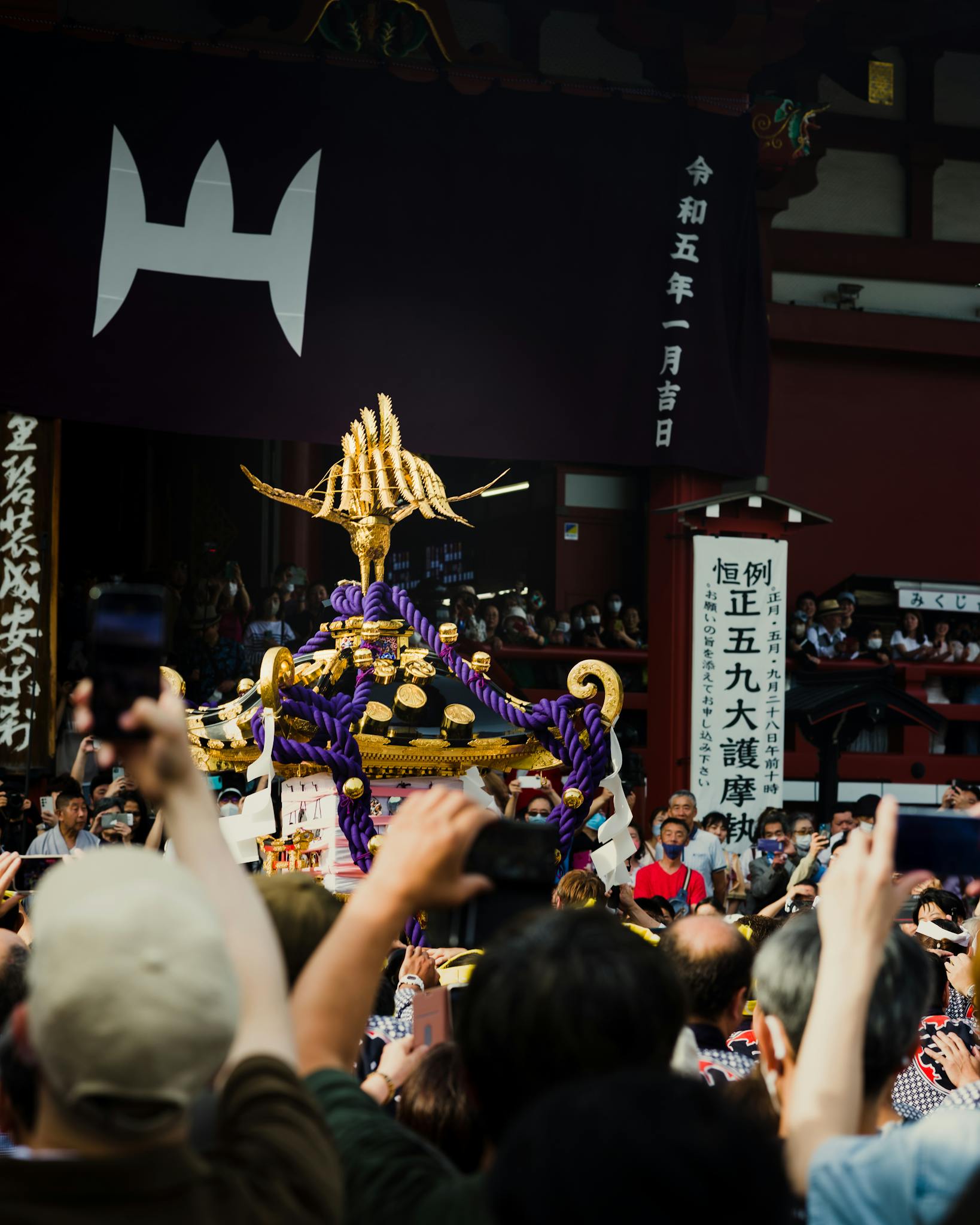 A vibrant scene at the Sanja Festival in Japan, showcasing a mikoshi and a lively crowd.